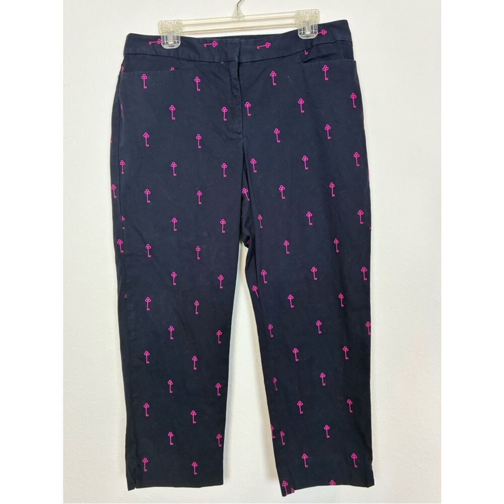 Talbots 🗝️Unusual Curvy Cut Navy Pants w/ Hot Pink Key Embroidery🗝️pockets